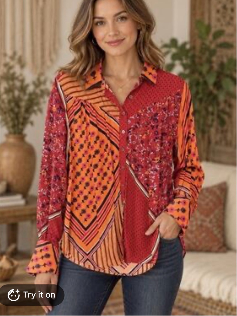 Free People Hazel Buttondown in the "Chili Pepper Combo" Size XS PTP 21” EUC